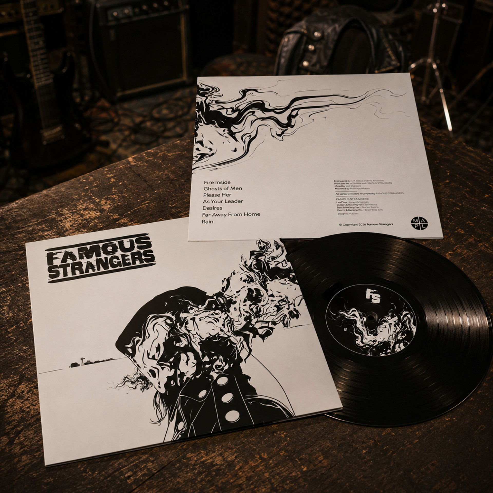 Famous Strangers — vinyl mockup with tracklist